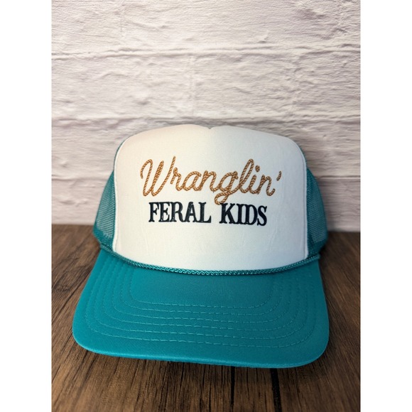 Accessories - Wranglin Feral Kids Trucker Hat Teal White Mesh Snapback Western Funny Cap